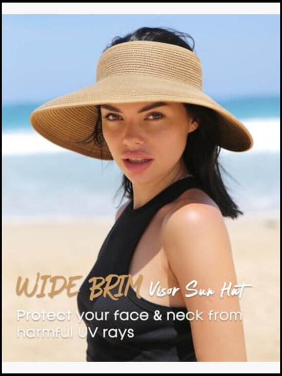 Wide Brim Straw Visor Sun Hat Packable Foldable UPF Protection Beach Vacation main image 7